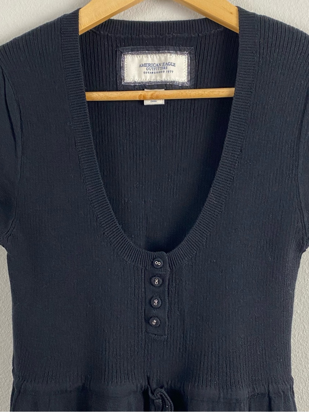 American Eagle Babydoll Henley Sweater Dress | Tie Front, Puff Short Sleeves - Picture 3 of 15